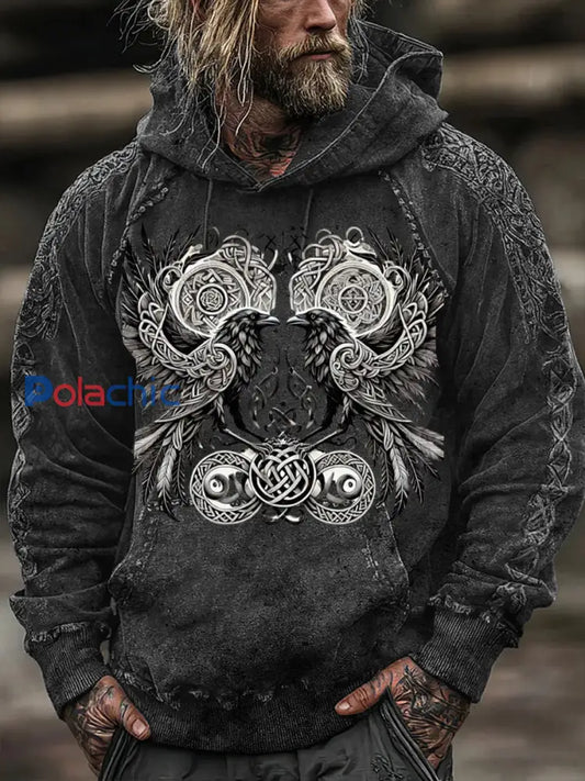 Sweat à capuche à imprimé Viking Crow & Knotwork pour homme Multicolore / S