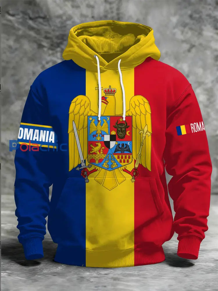 Sweat à capuche à manches longues imprimé drapeau roumain pour hommes Jaune / S