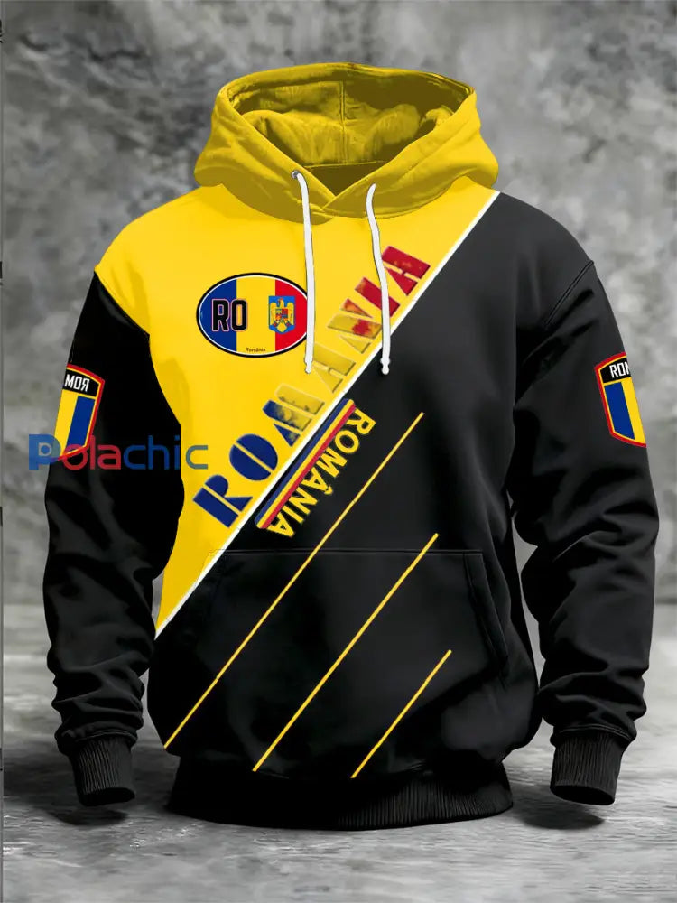 Sweat à capuche à manches longues imprimé drapeau roumain pour hommes Noir / S