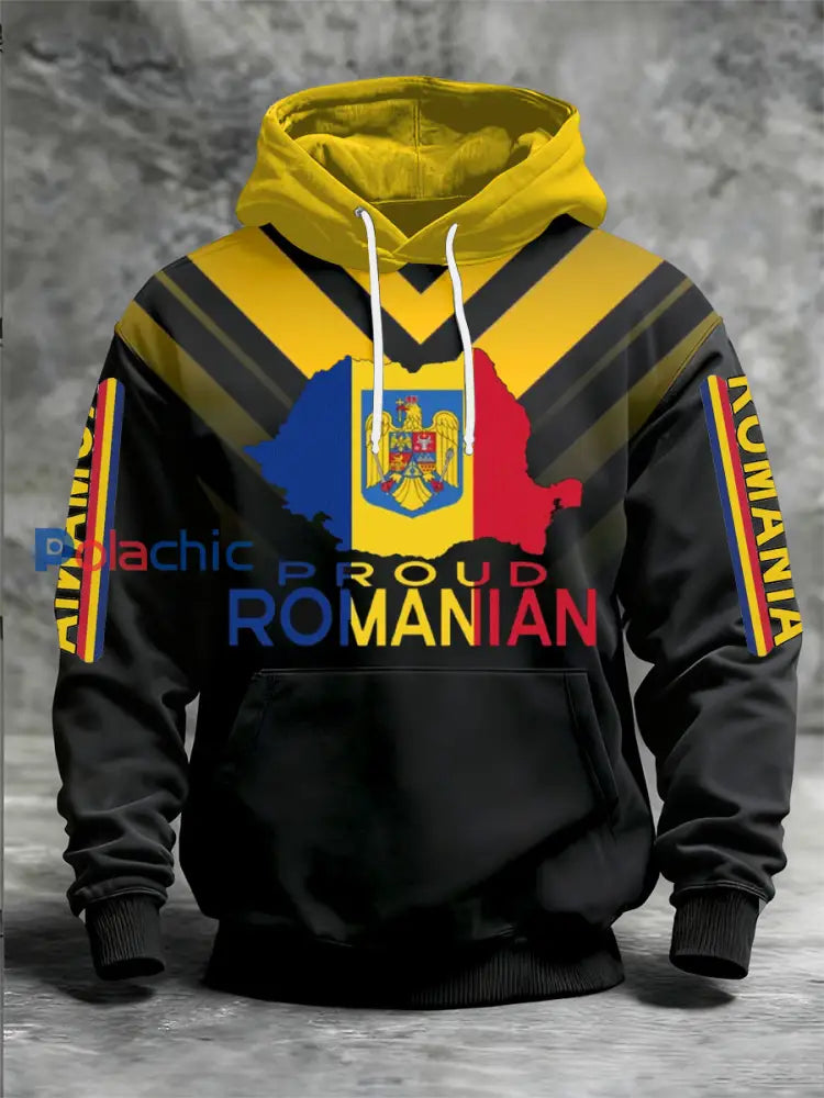 Sweat à capuche à manches longues imprimé drapeau roumain pour hommes Noir / S