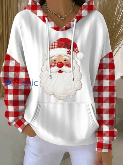 Sweat à Capuche à Motif Plaid Père Noël Femme Blanc / S