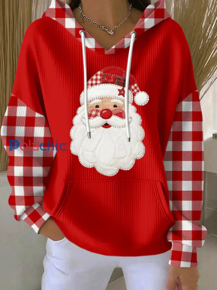 Sweat à Capuche à Motif Plaid Père Noël Femme Rouge / S