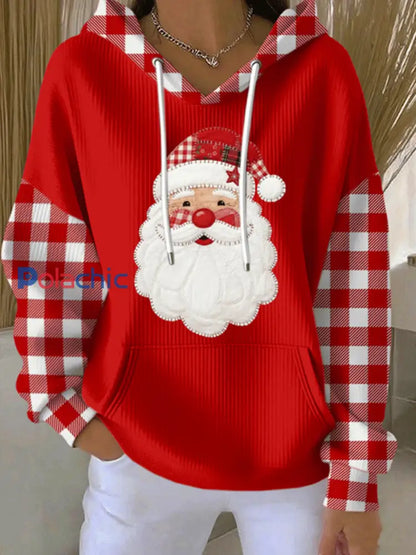 Sweat à Capuche à Motif Plaid Père Noël Femme Rouge / S