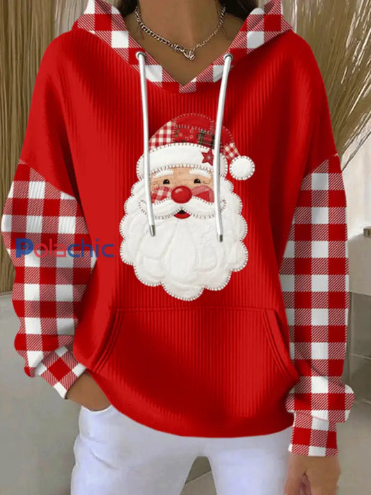 Sweat à Capuche à Motif Plaid Père Noël Femme Rouge / S
