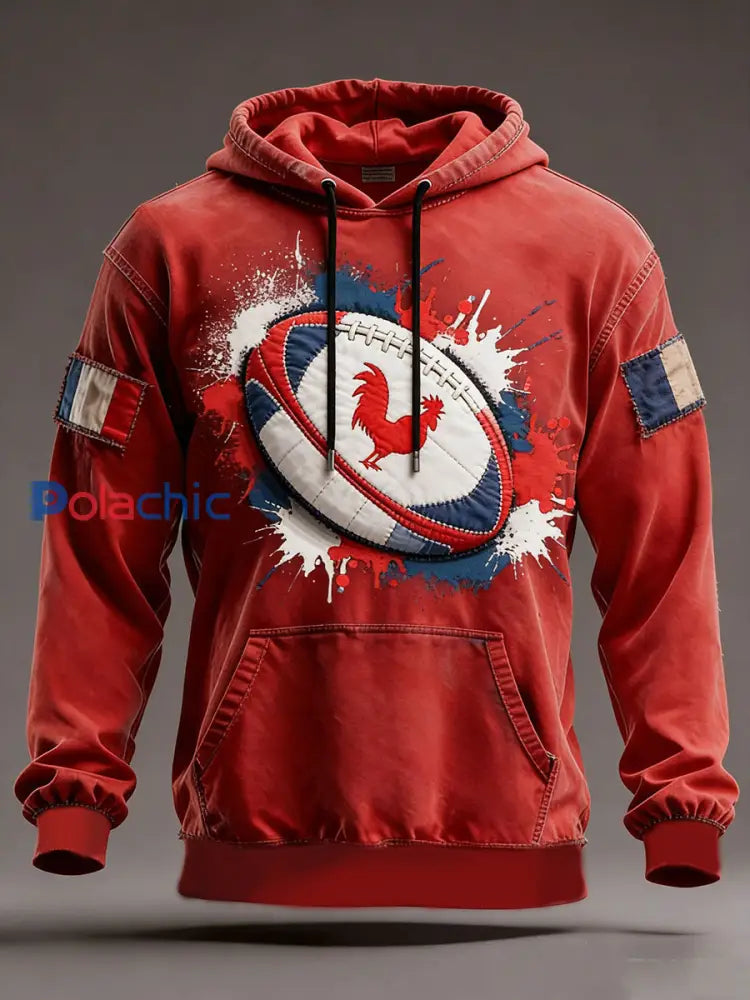 Sweat à capuche oversize à épaules dénudées avec poches France Rugby Homme Rouge / S