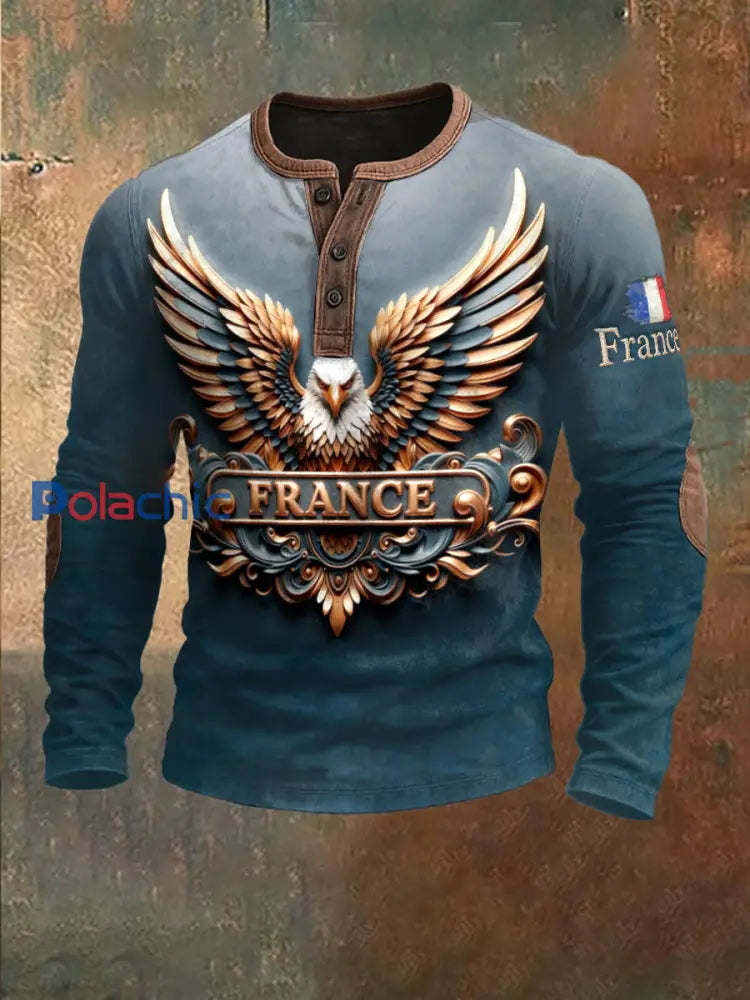 Sweat à capuche patchwork à manches longues pour hommes avec design France Eagle Vert Foncé / S