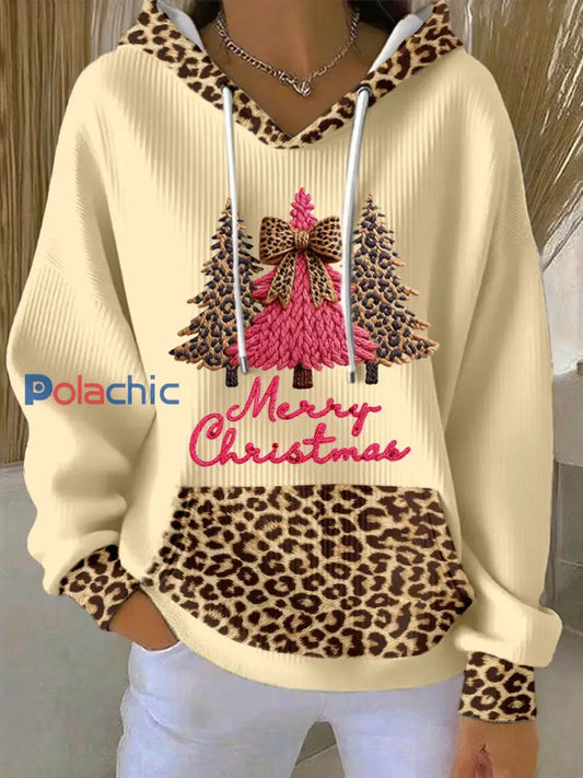Sweat à capuche patchwork motif arbre de Noël léopard pour femmes Abricot / S