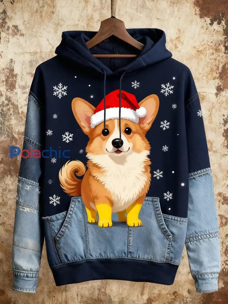 Sweat à capuche rétro décontracté imprimé art de Noël unisexe chiot A / S