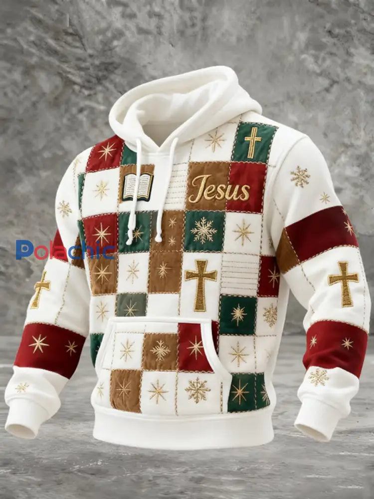 Sweat à capuche rétro imprimé de la foi de Noël pour hommes avec poches Blanc / S