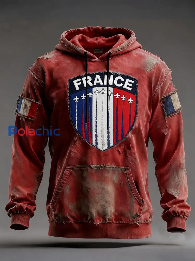 Sweat à capuche surdimensionné avec poches Timbre de chasse Français Homme Rouge / S