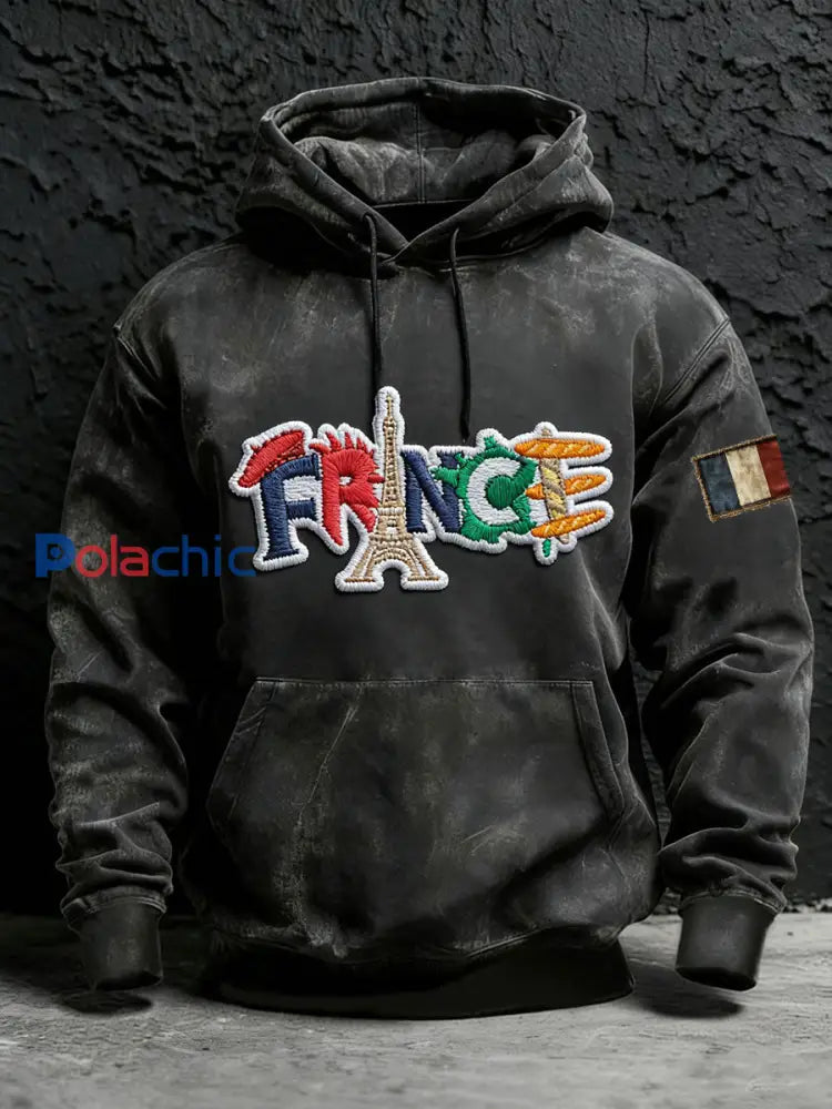 Sweat à capuche surdimensionné à épaules dénudées avec poches à motif français pour hommes Noir / S