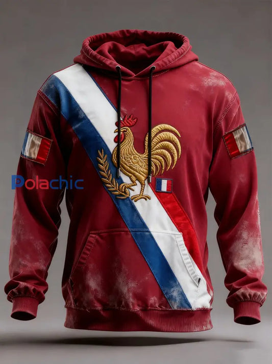 Sweat à capuche surdimensionné à épaules dénudées avec poches pour hommes drapeau français vintage comme image / S