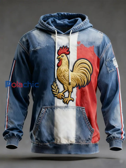 Sweat à capuche surdimensionné à épaules dénudées avec poches pour hommes drapeau français vintage comme image / S