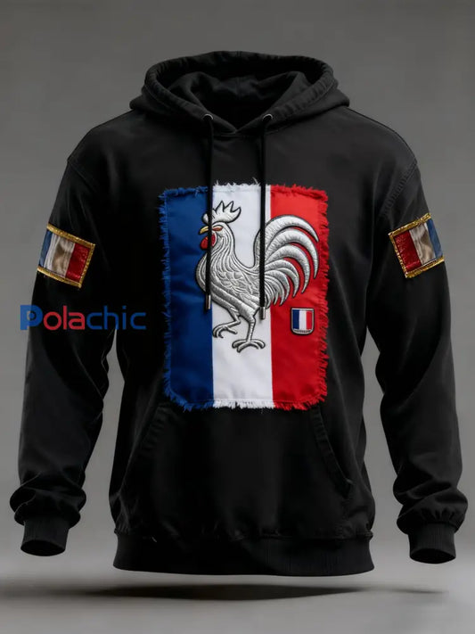 Sweat à capuche surdimensionné à épaules dénudées avec poches pour hommes drapeau français vintage comme image / S