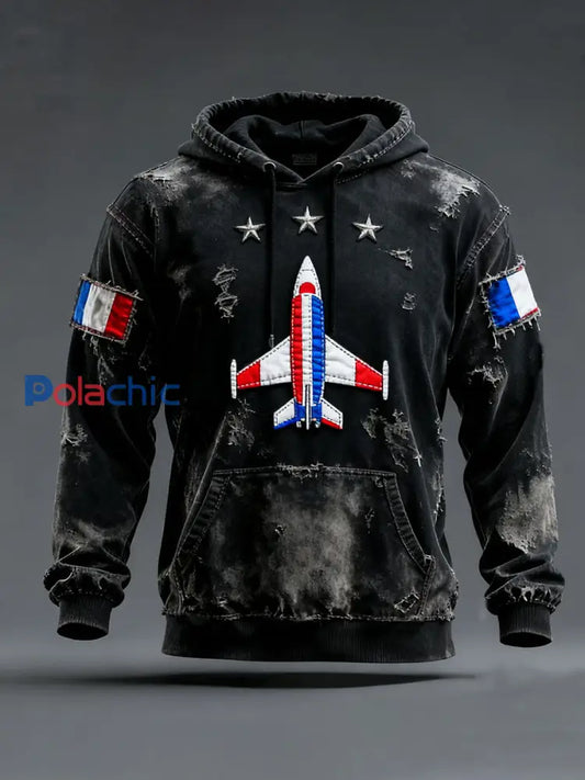 Sweat à capuche surdimensionné à épaules dénudées Timbre de chasse français avec poches Noir / S