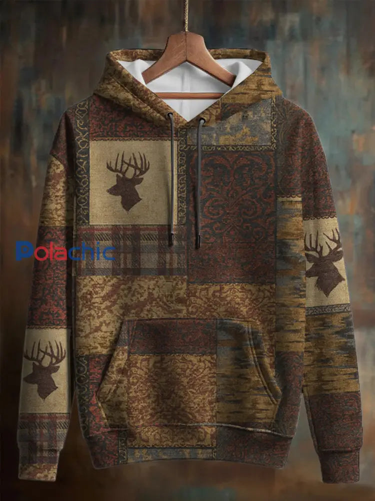 Sweat à capuche surdimensionné Vintage Western Elk pour homme comme image / S