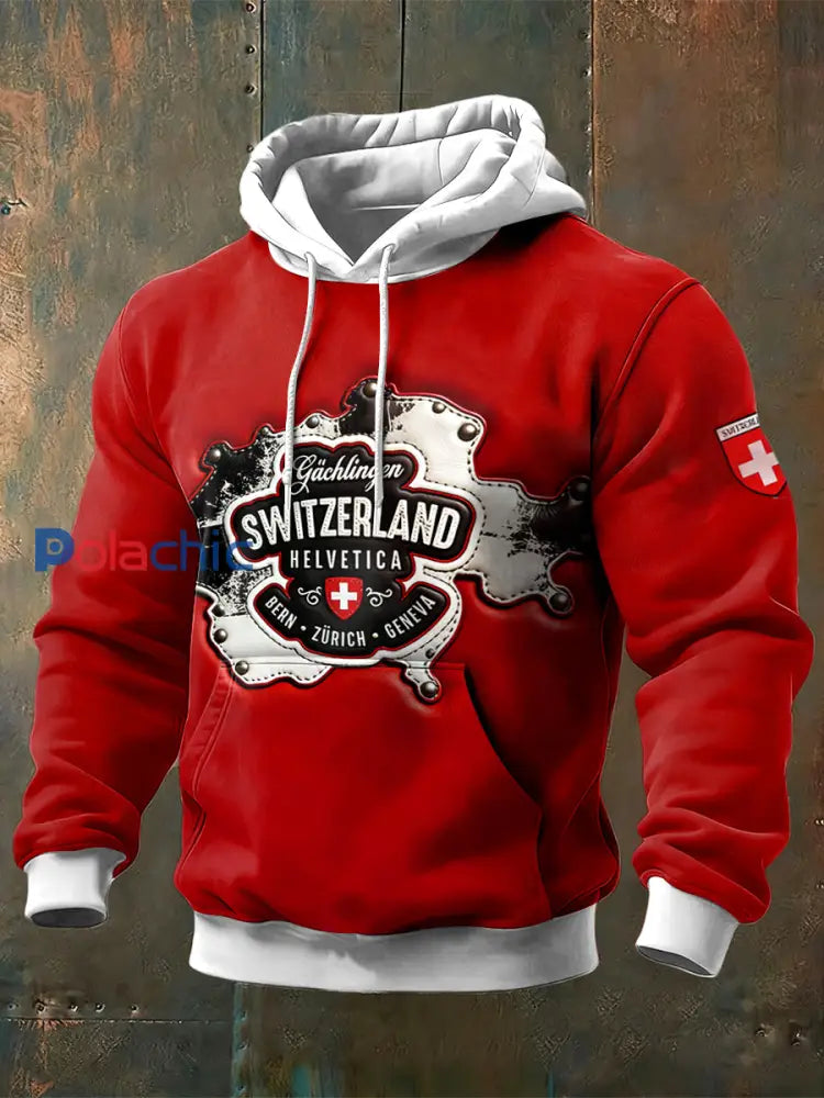 Sweat à capuche Switzerland Map Print Patchwork pour homme Rouge / S