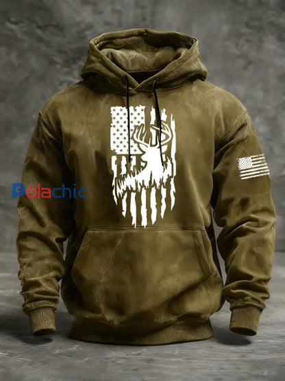 Sweat à capuche Western Deer Flag Homme vert d’armée / S