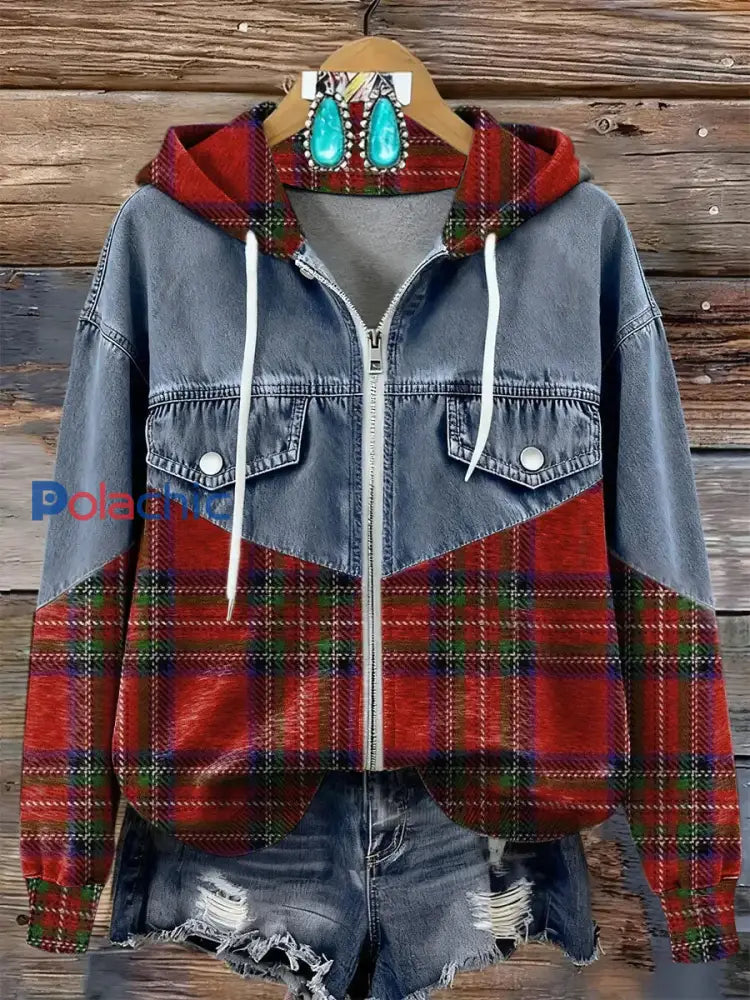 Sweat à capuche zippé à carreaux pour femmes comme image / S