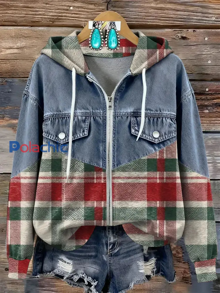 Sweat à capuche zippé à carreaux pour femmes comme image / S