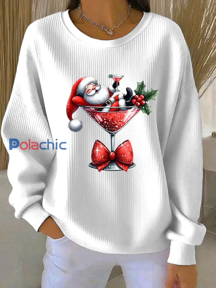 Sweat Femme Côtelé Imprimé Père Noël à Col Rond Blanc / S