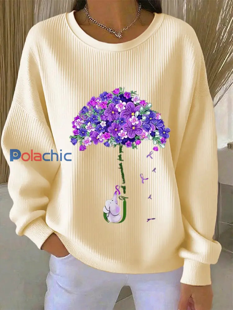 Sweat femme violet floral décontracté blanc crémeux / S