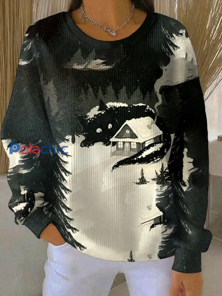 Sweat Femme Yule Cat Christmas Art Print Côtelé à Col Rond comme image / S