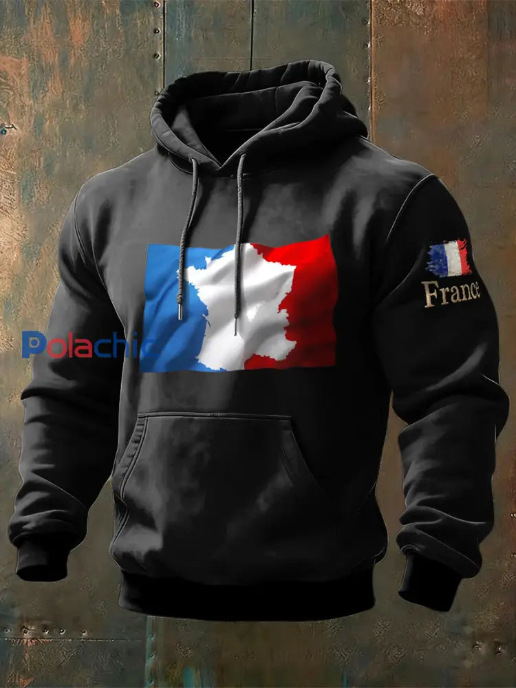 Sweat Homme Drapeau Français Noir À Capuche Noir / S
