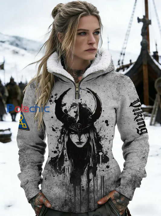 Sweat-shirt à capuche avec doublure en sherpa Femme Casque Viking Gris Grisé Ink-Splash Multicolore / S