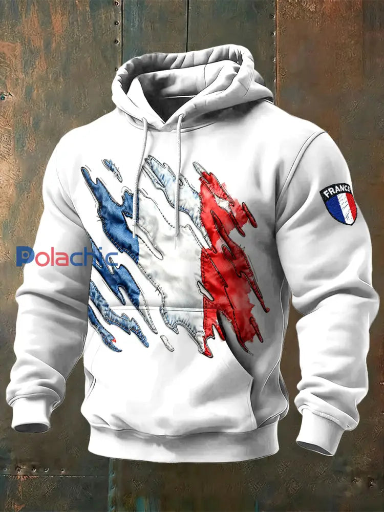 Sweat-shirt à capuche blanc imprimé drapeau français pour homme Blanc / S
