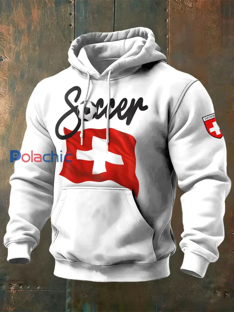 Sweat-shirt à capuche blanc imprimé drapeau suisse pour homme Blanc / S