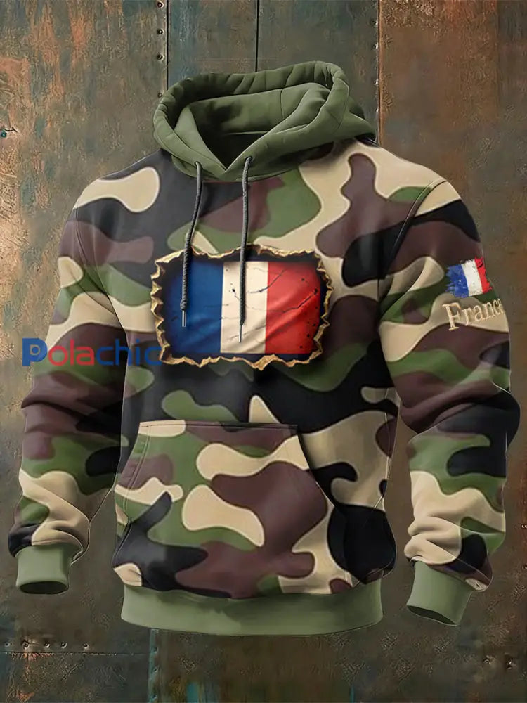 Sweat-shirt à capuche camouflage drapeau français pour homme Multicolore / S