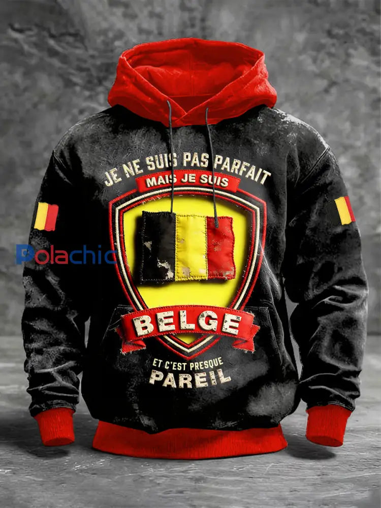 Sweat-shirt à capuche en patchwork noir imprimé drapeau belge pour homme Noir / S