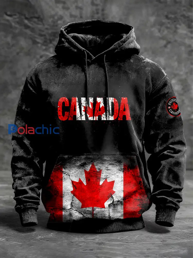 Sweat-shirt à capuche imprimé drapeau canadien pour hommes Noir / S