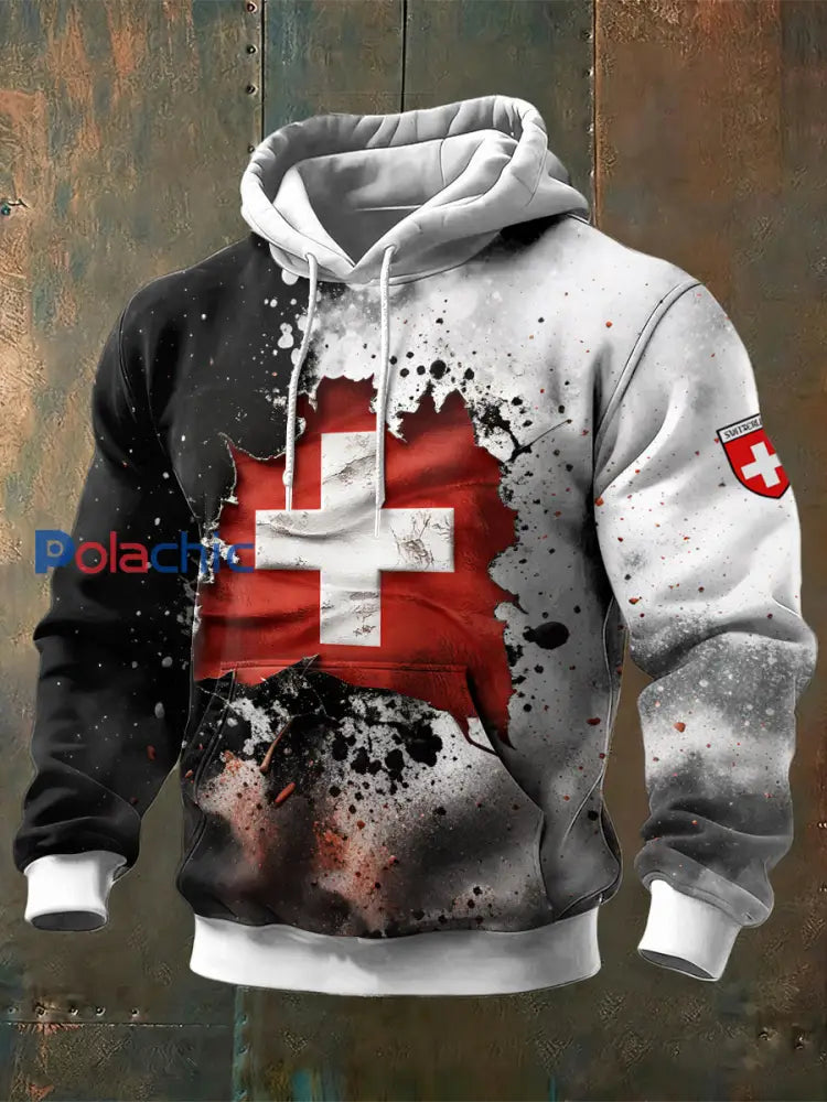 Sweat-shirt à capuche noir et blanc imprimé drapeau suisse pour homme Multicolore / S
