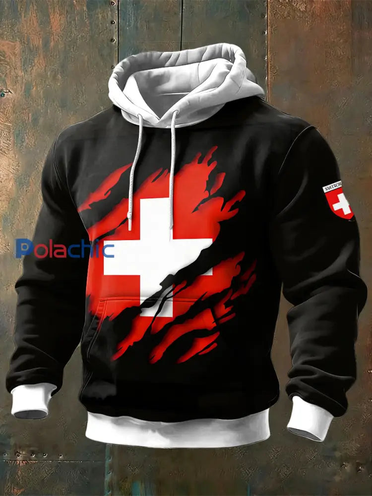 Sweat-shirt à capuche noir à imprimé drapeau suisse pour homme Noir / S