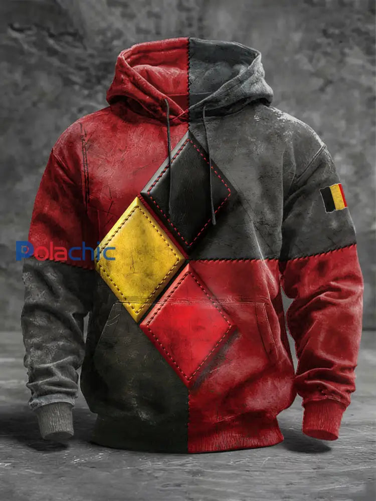 Sweat-shirt à capuche patchwork imprimé drapeau belge pour homme Multicolore / S