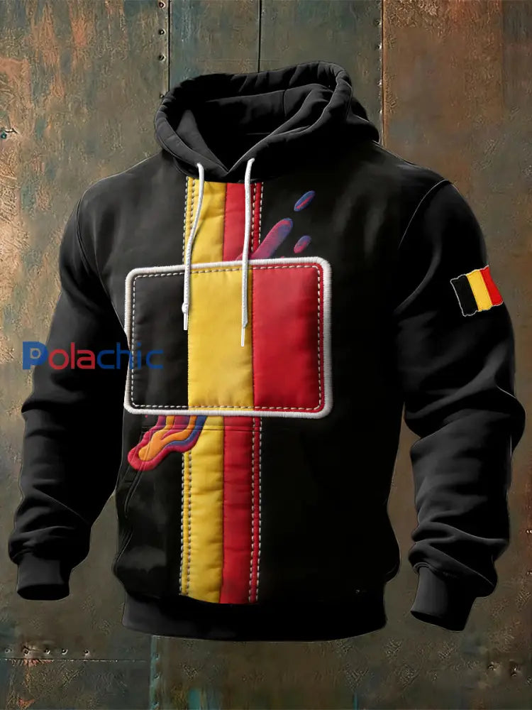 Sweat-shirt à capuche pour homme avec imprimé drapeau belge et patchwork noir Noir / S