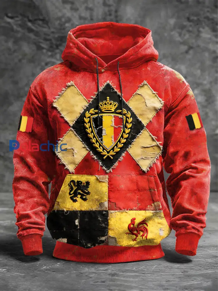 Sweat-shirt à capuche rouge imprimé drapeau belge pour homme Rouge / S