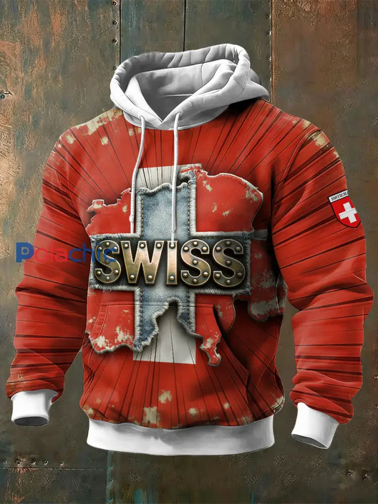Sweat-shirt à capuche rouge suisse pour hommes avec impression de texte Rouge / S