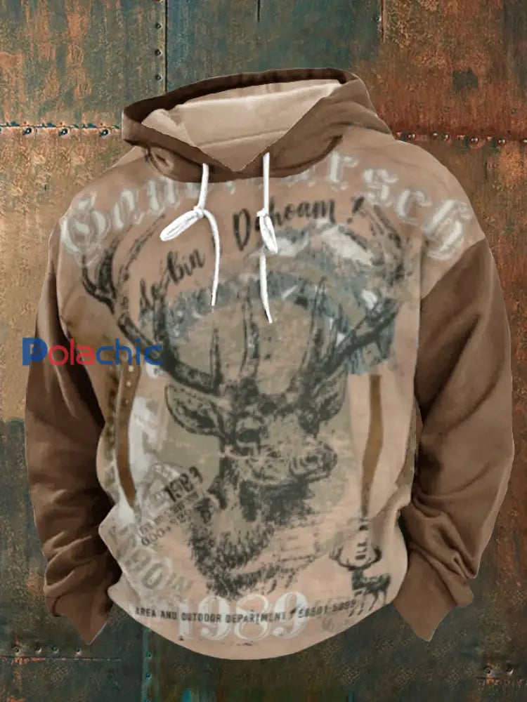 Sweat-shirt à capuche surdimensionné Vintage Deer Hunting pour homme Marron / S