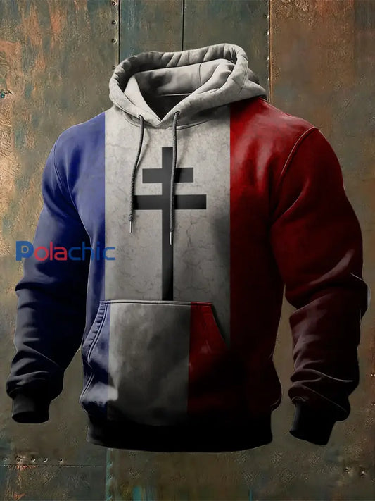 Sweat-shirt à capuche vintage drapeau français pour hommes Noir / S