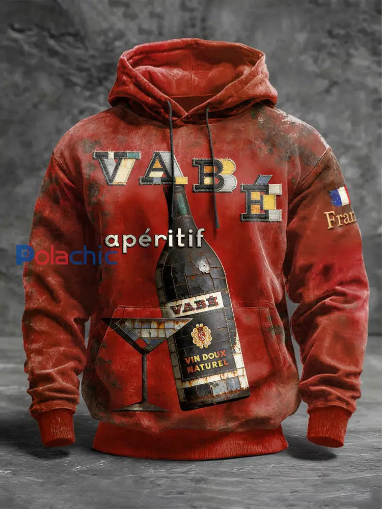 Sweat-shirt à capuche vintage rouge à imprimé vin français pour hommes Rouge / S