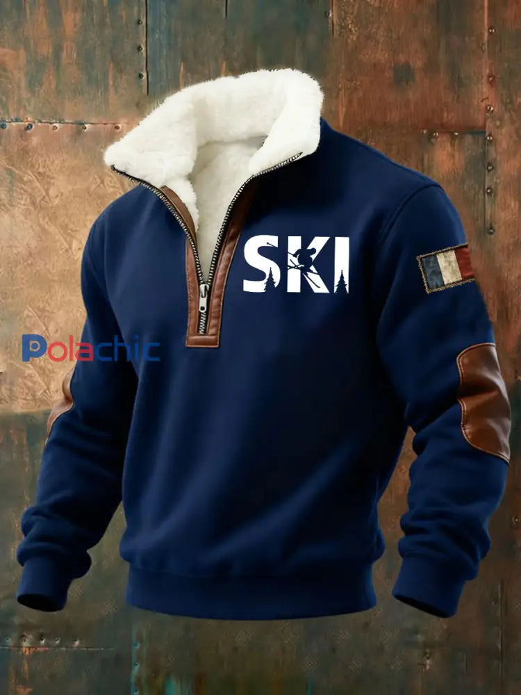 Sweat-shirt à col de ski en peluche pour homme Bleu Marine / S