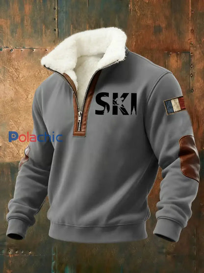 Sweat-shirt à col de ski en peluche pour homme Gris / S