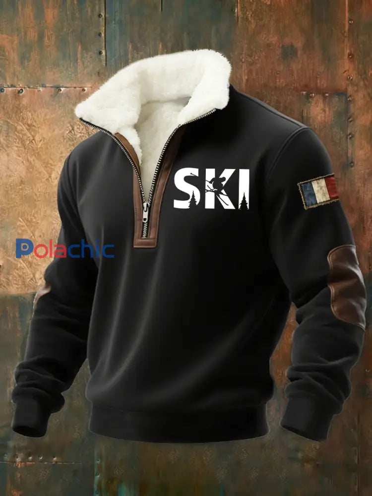 Sweat-shirt à col de ski en peluche pour homme Noir / S