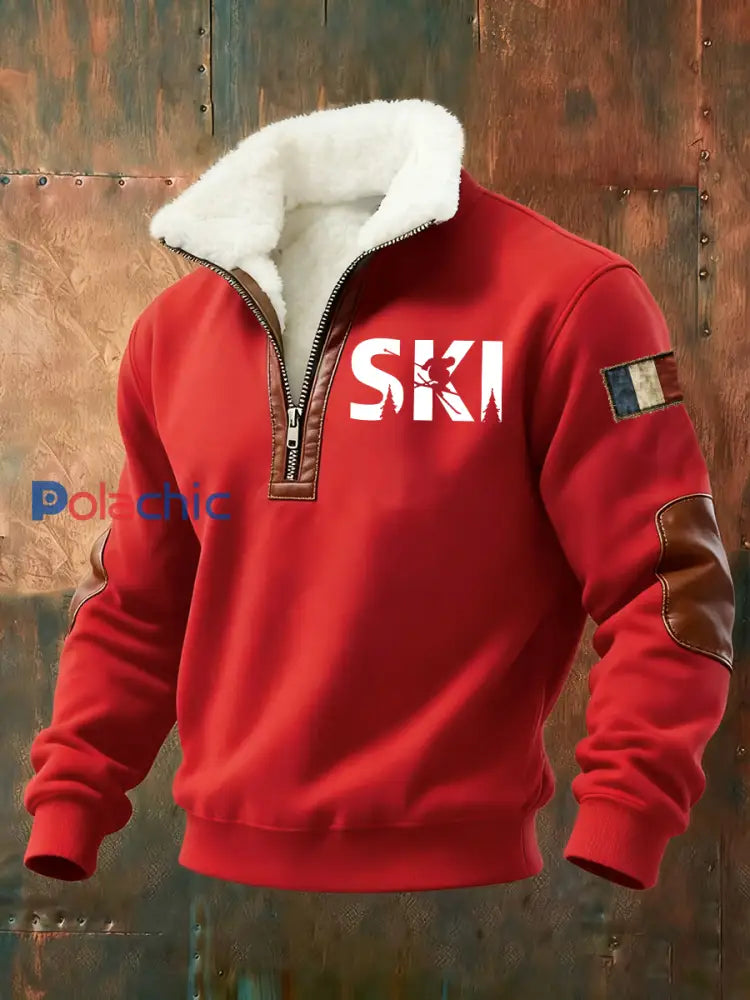 Sweat-shirt à col de ski en peluche pour homme Rouge / S