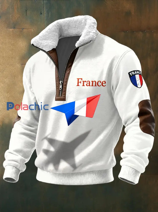 Sweat-shirt à col debout créatif pour homme drapeau français Blanc-Crémeux / S