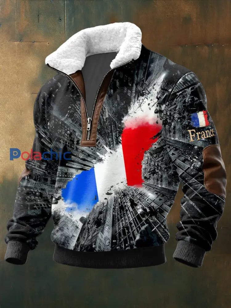 Sweat-shirt à col debout créatif pour homme drapeau français Noir / S