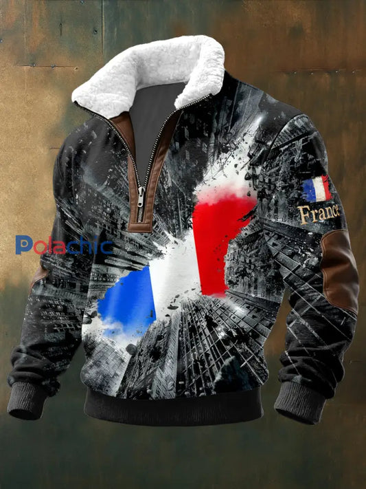 Sweat-shirt à col debout créatif pour homme drapeau français Noir / S